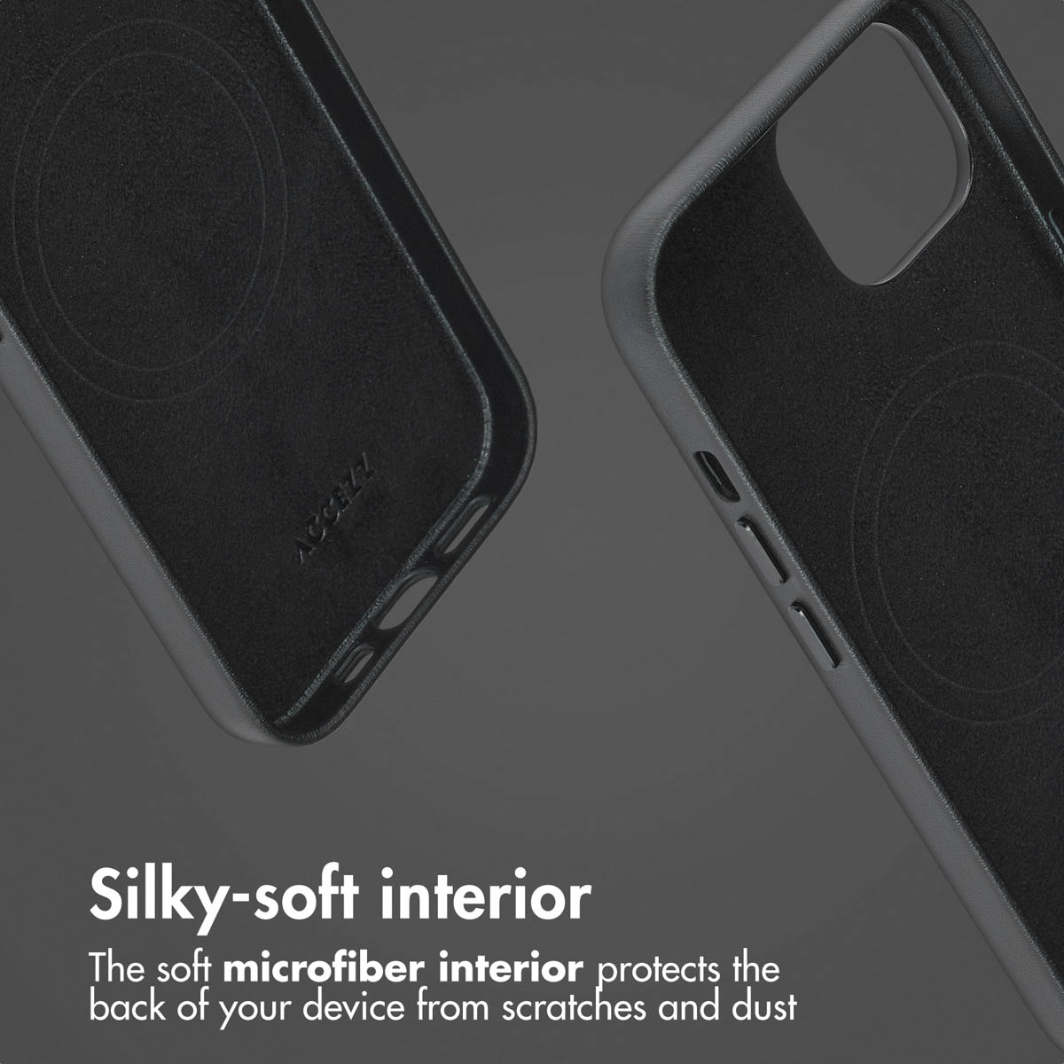Two black phone cases with soft microfiber lining to prevent scratches.