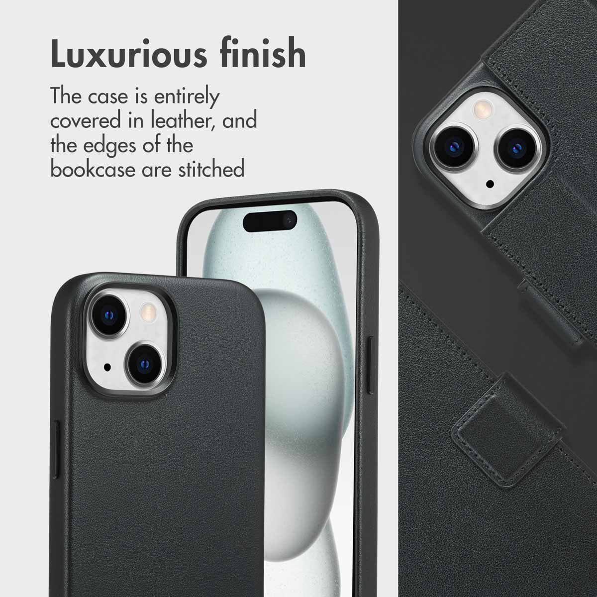 A black leather smartphone case with stitched edges and visible camera cutouts, shown from multiple angles.