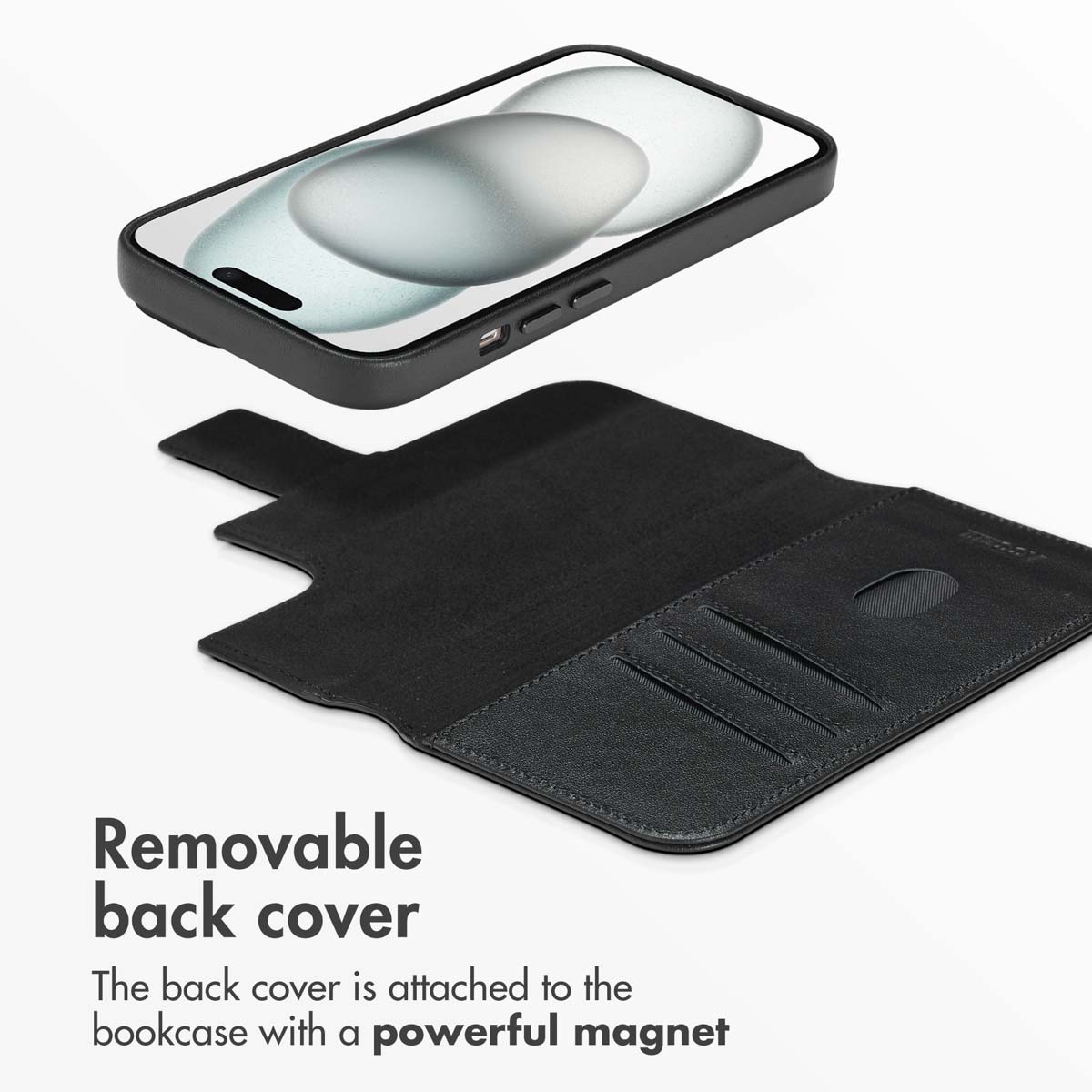 A black smartphone hovers above a matching black magnetic wallet case, with descriptive text below.