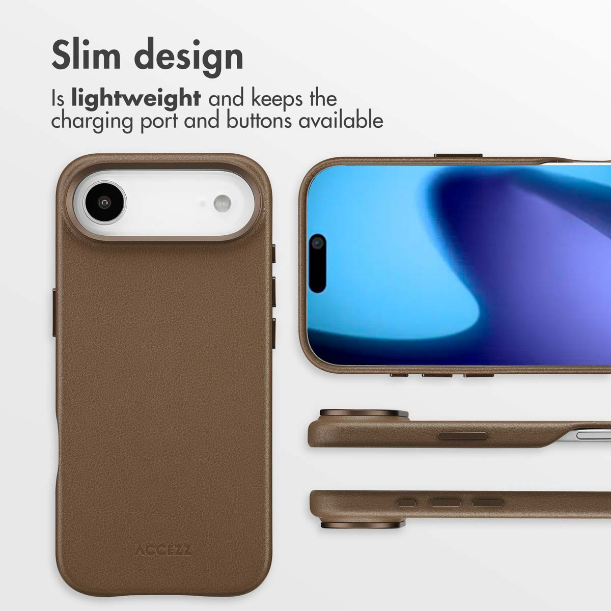 Funda de teléfono de cuero marrón delgada mostrada desde varios ángulos con texto.
