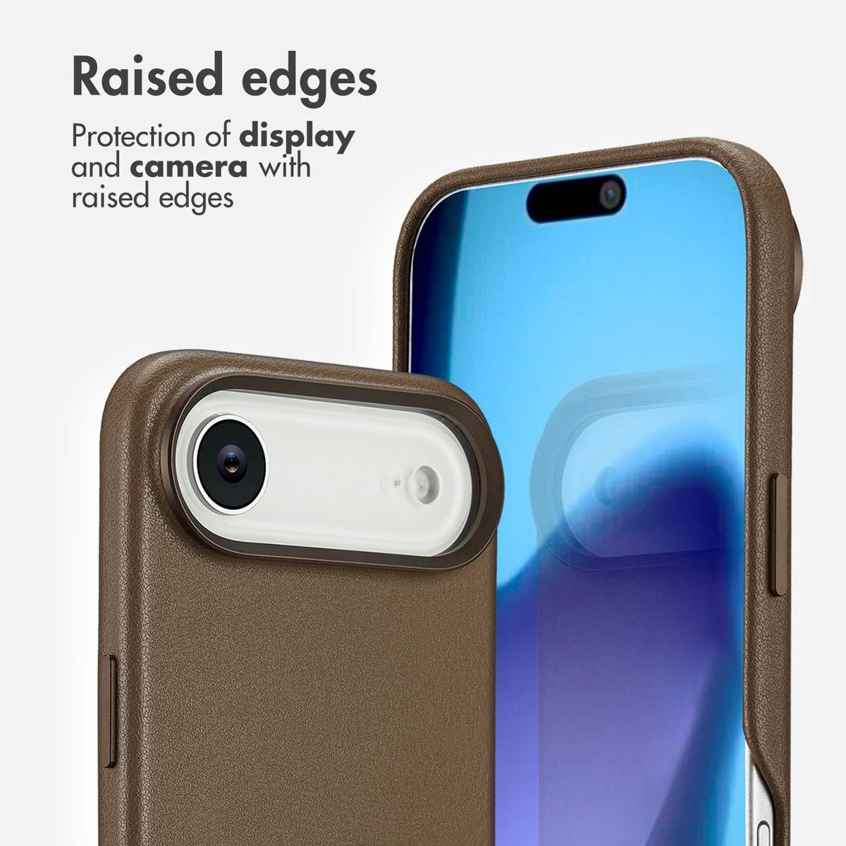 Un smartphone en funda de cuero marrón destaca bordes elevados para proteger la pantalla y cámara de arañazos.