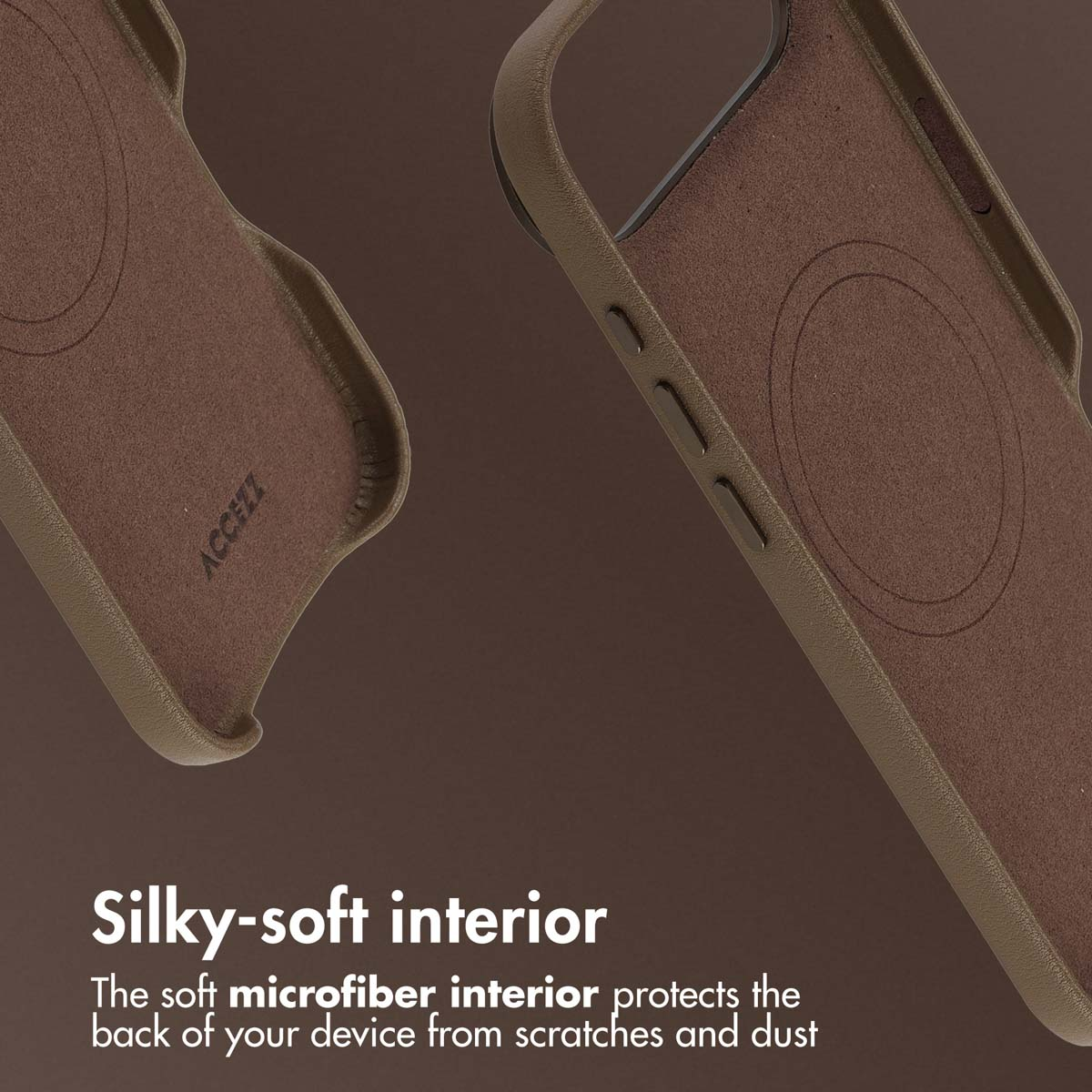 Dos fundas de teléfono marrones sobre fondo marrón con texto sobre forro de microfibra.