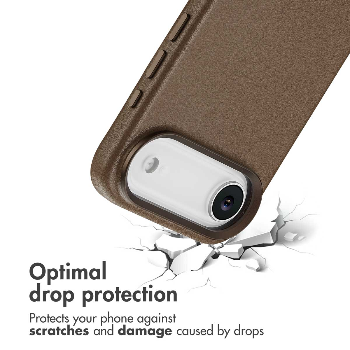 Funda marrón para teléfono con recorte de cámara y fondo agrietado. Texto: Optimal drop protection.