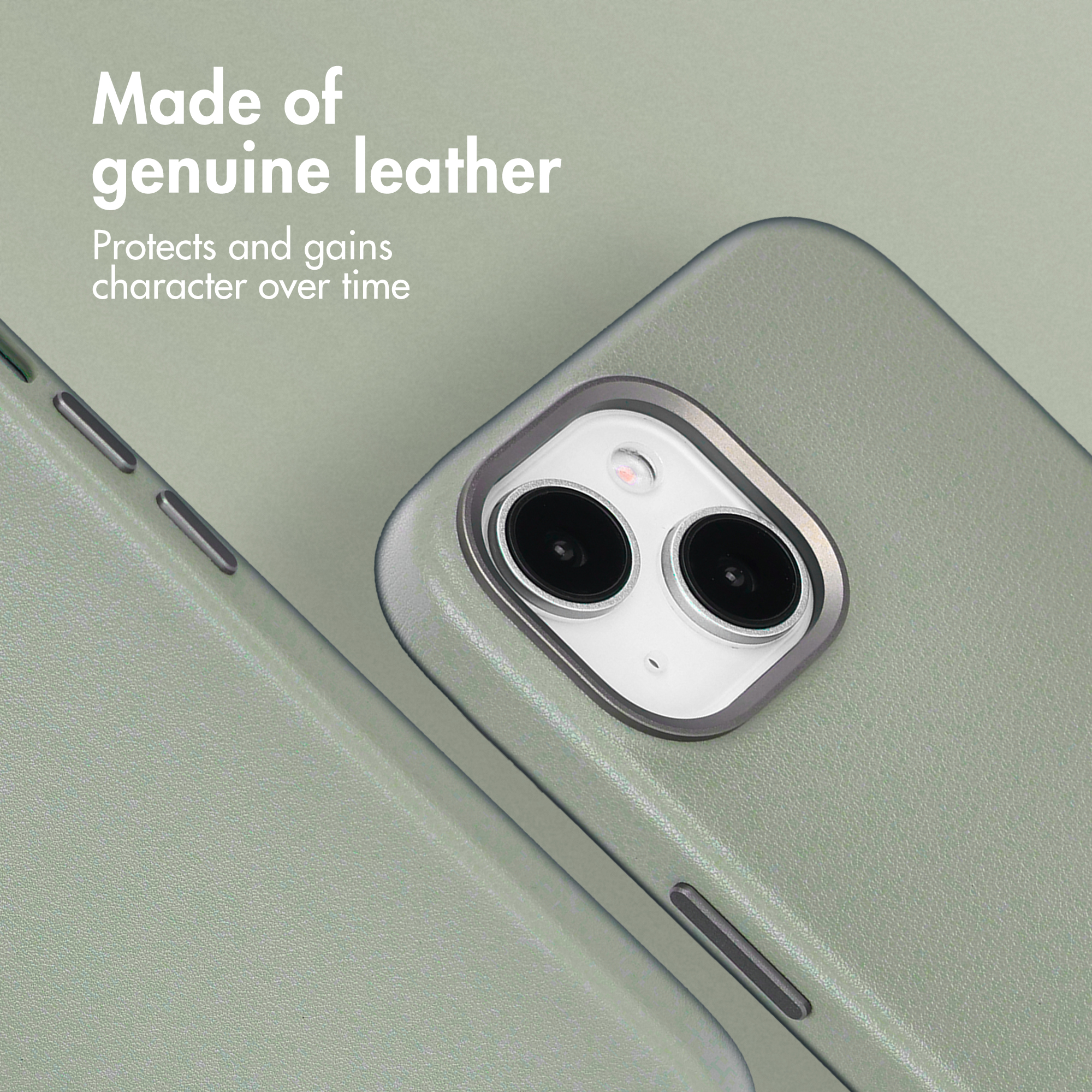 Custodia per telefono in pelle verde con doppia fotocamera.