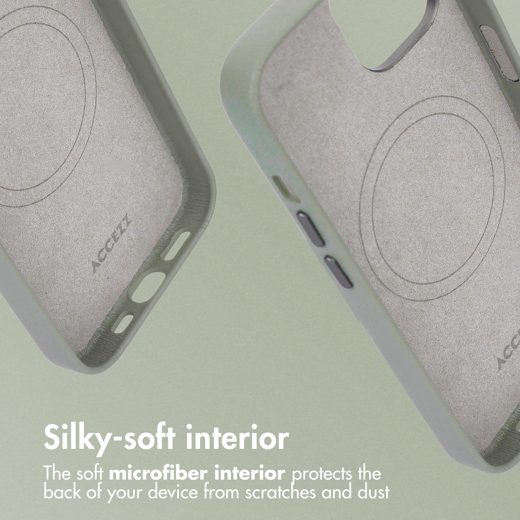 Due cover per telefono grigio-verdi con interno in morbida microfibra su sfondo verde.