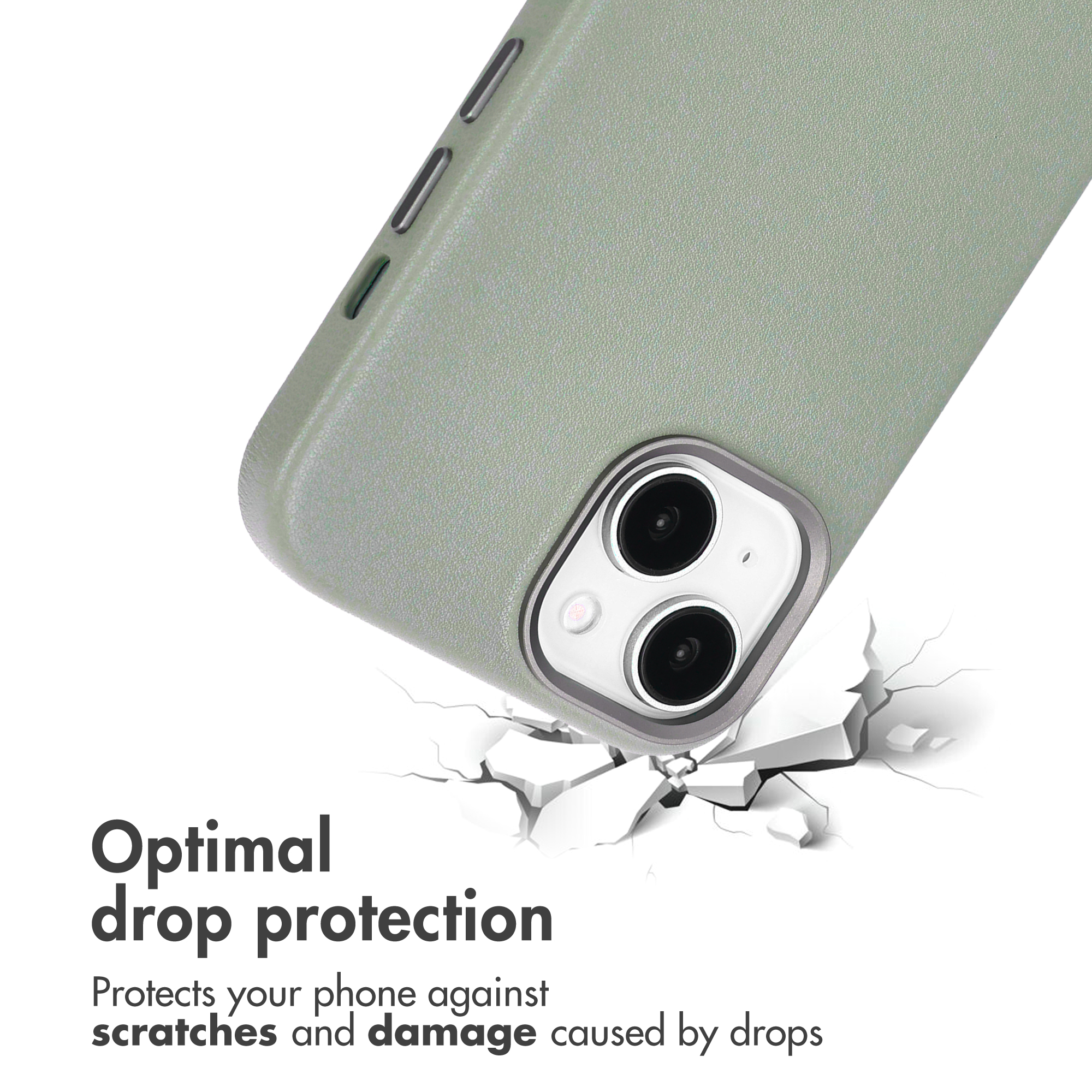 Una custodia verde per telefono flotta su terreno bianco screpolato, con testo di protezione.