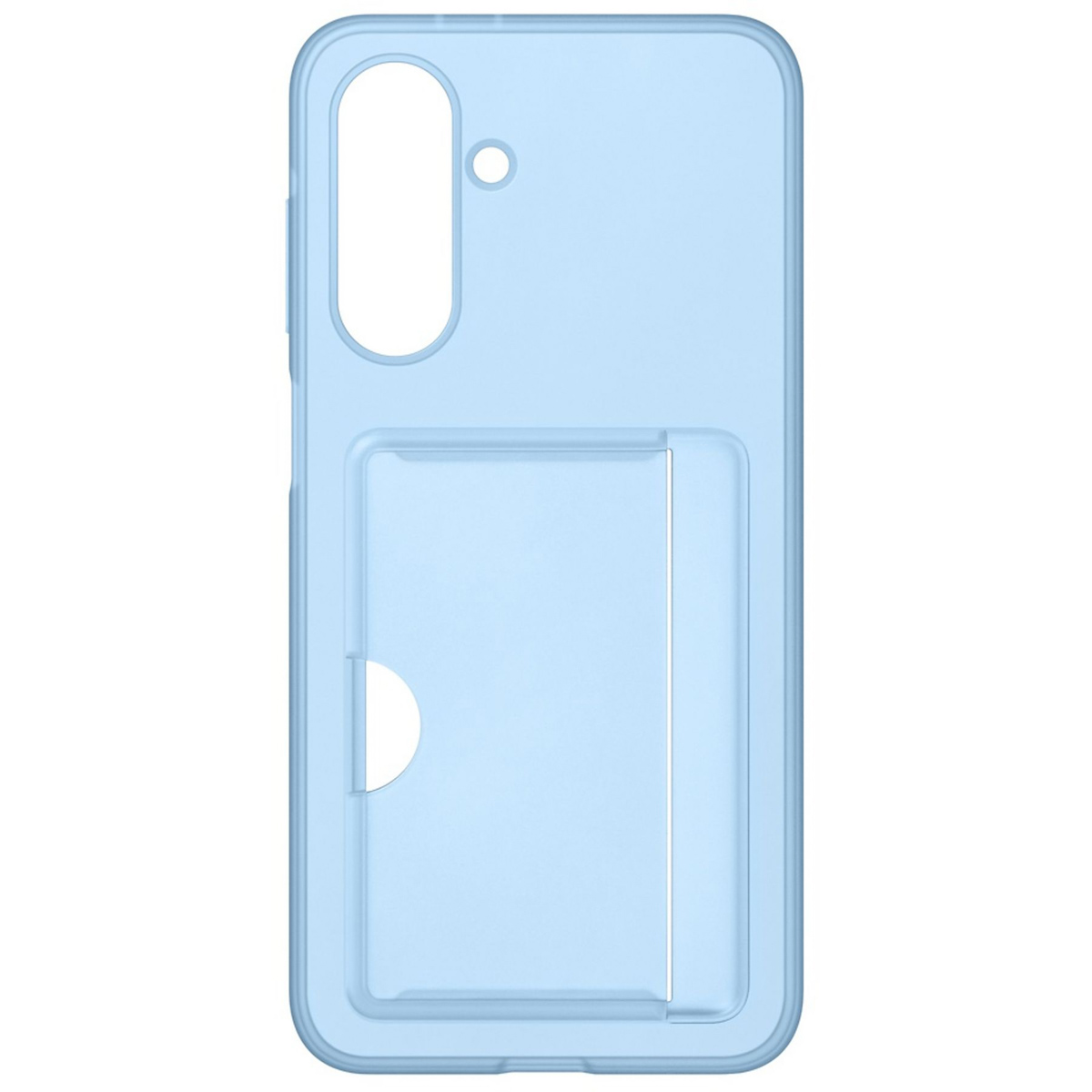 Custodia per smartphone azzurro chiaro con portacarte sul retro e ritagli per la fotocamera.
