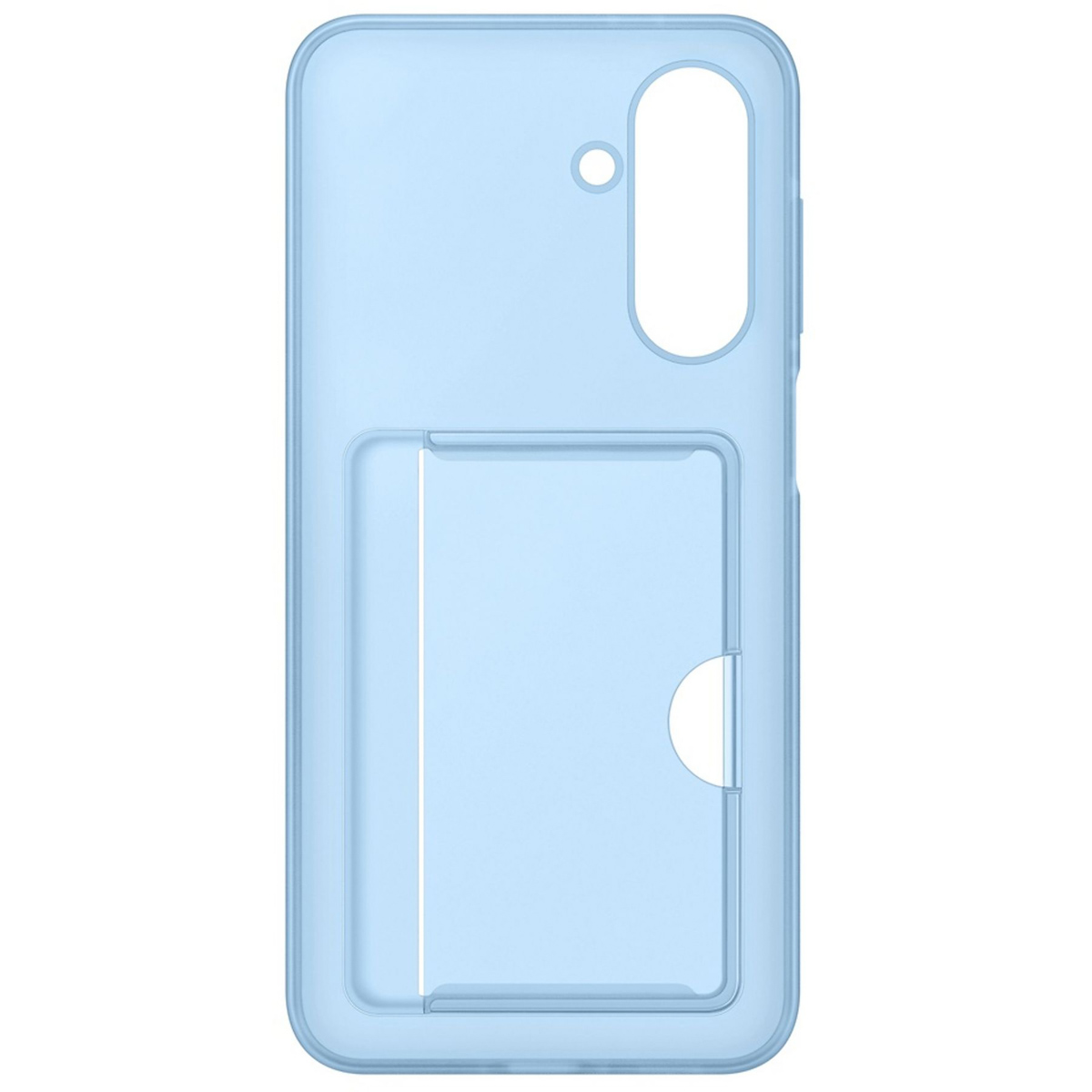 Una custodia per telefono traslucida azzurro chiaro con porta carte integrato sul retro.