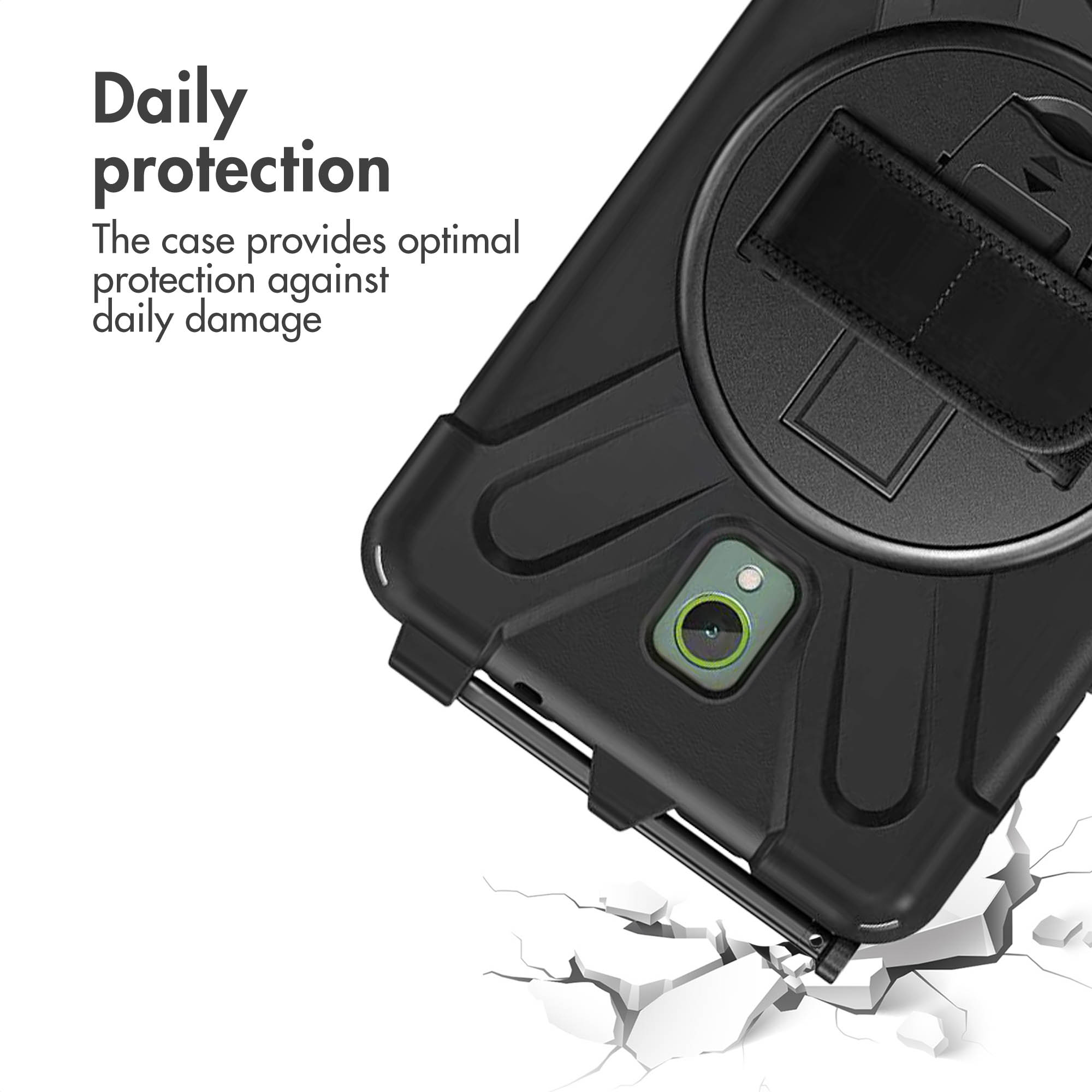 Une coque de protection noire avec support et du texte en haut à gauche.