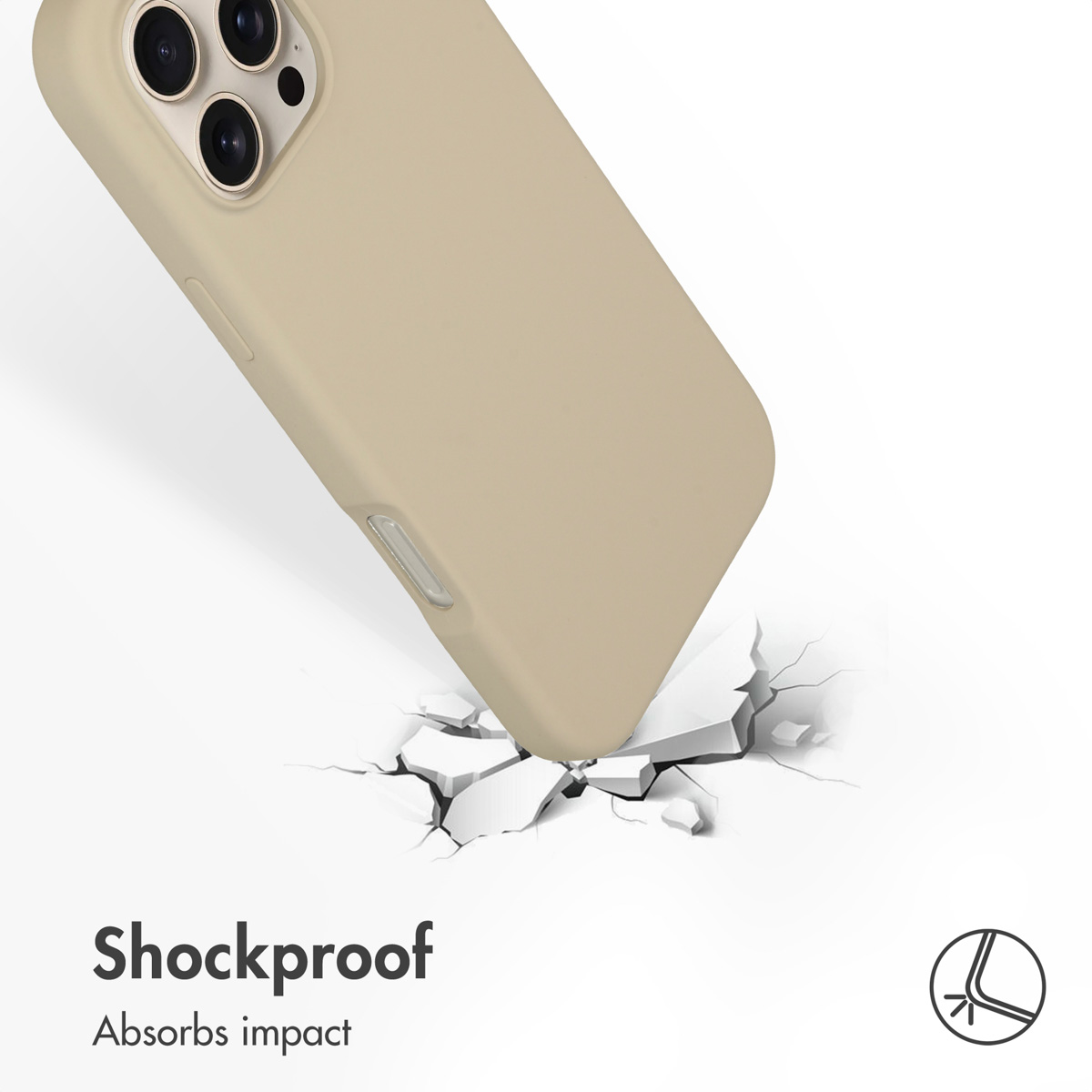 Uno smartphone beige con cover impatta su una superficie bianca rotta. Testo in basso a sinistra: Shockproof, Absorbs impact.