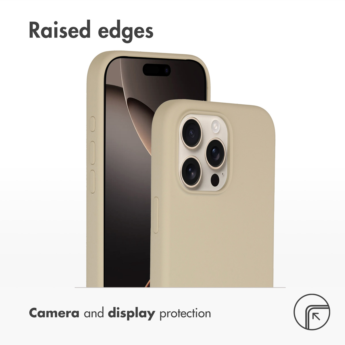 Custodia per telefono beige con bordi rialzati per la protezione.