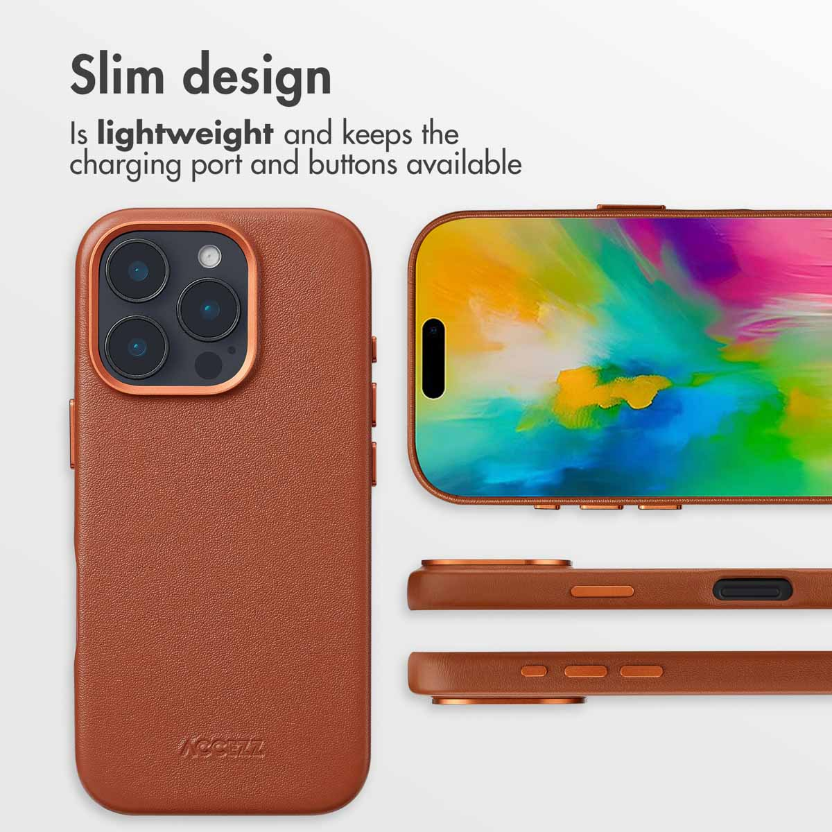 Coque de smartphone en cuir marron sous plusieurs angles, mettant en valeur son design fin, ses boutons et l'appareil photo.