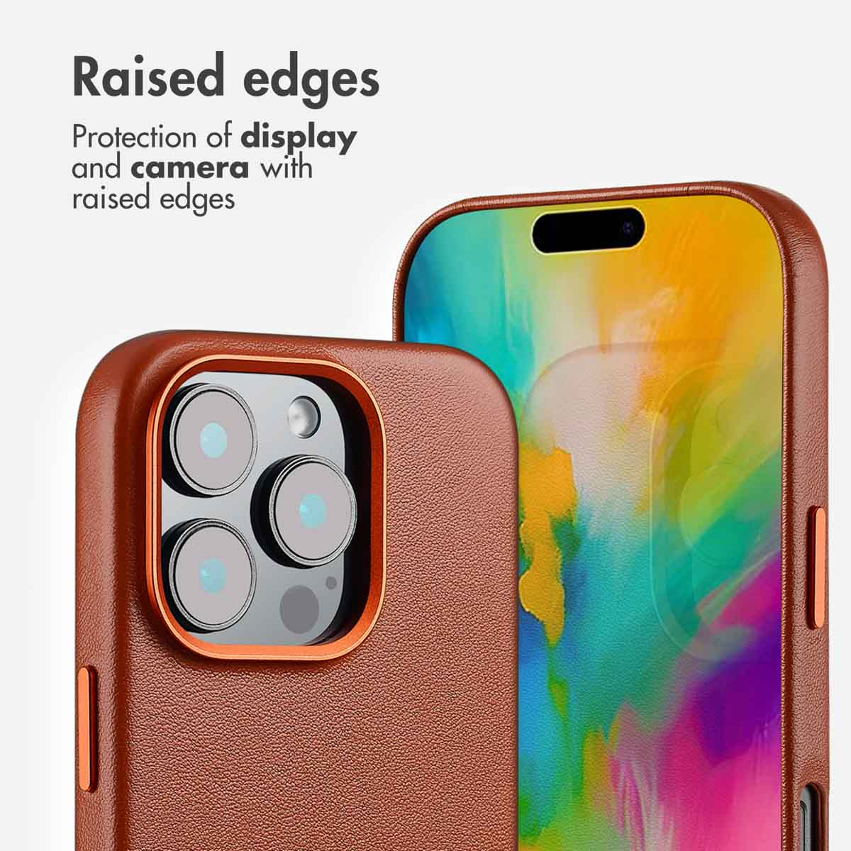 Coque de téléphone en cuir marron avec bords surélevés pour protéger l'appareil photo.
