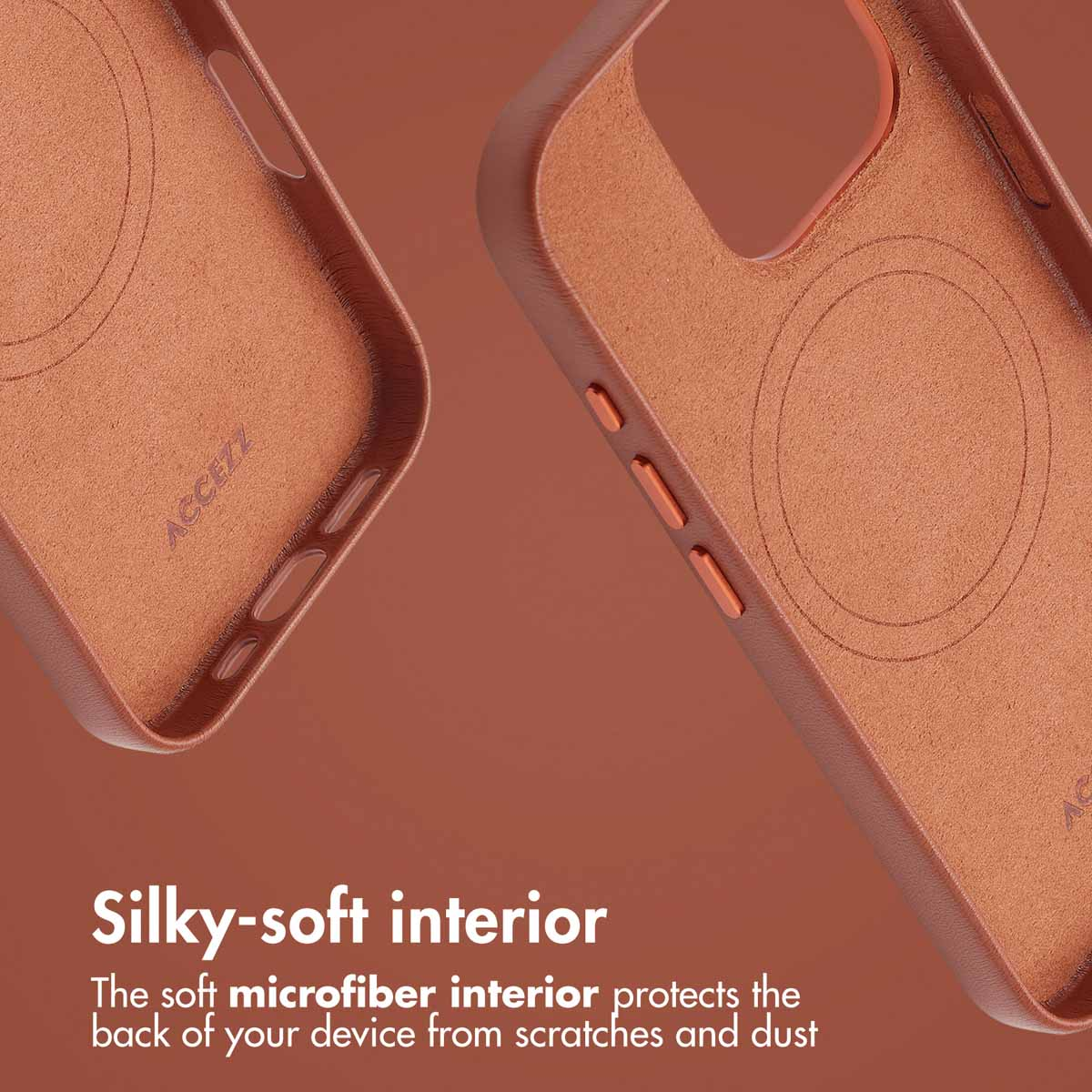 Deux coques de téléphone en cuir marron avec doublure en microfibre douce sur fond marron.
