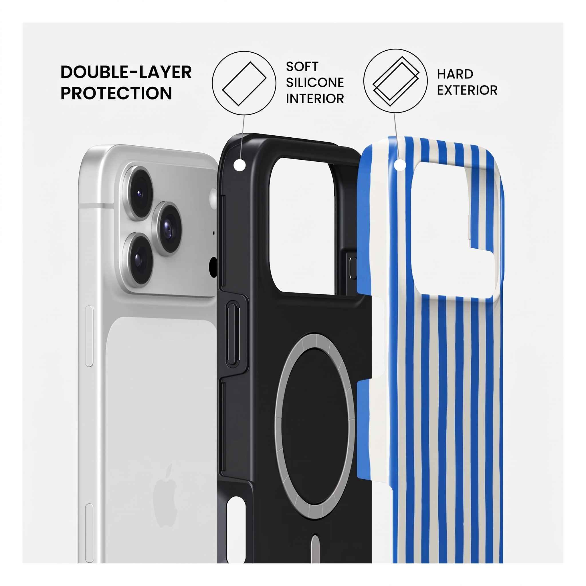 Diagramme montrant une double protection : intérieur en silicone souple et extérieur rigide.