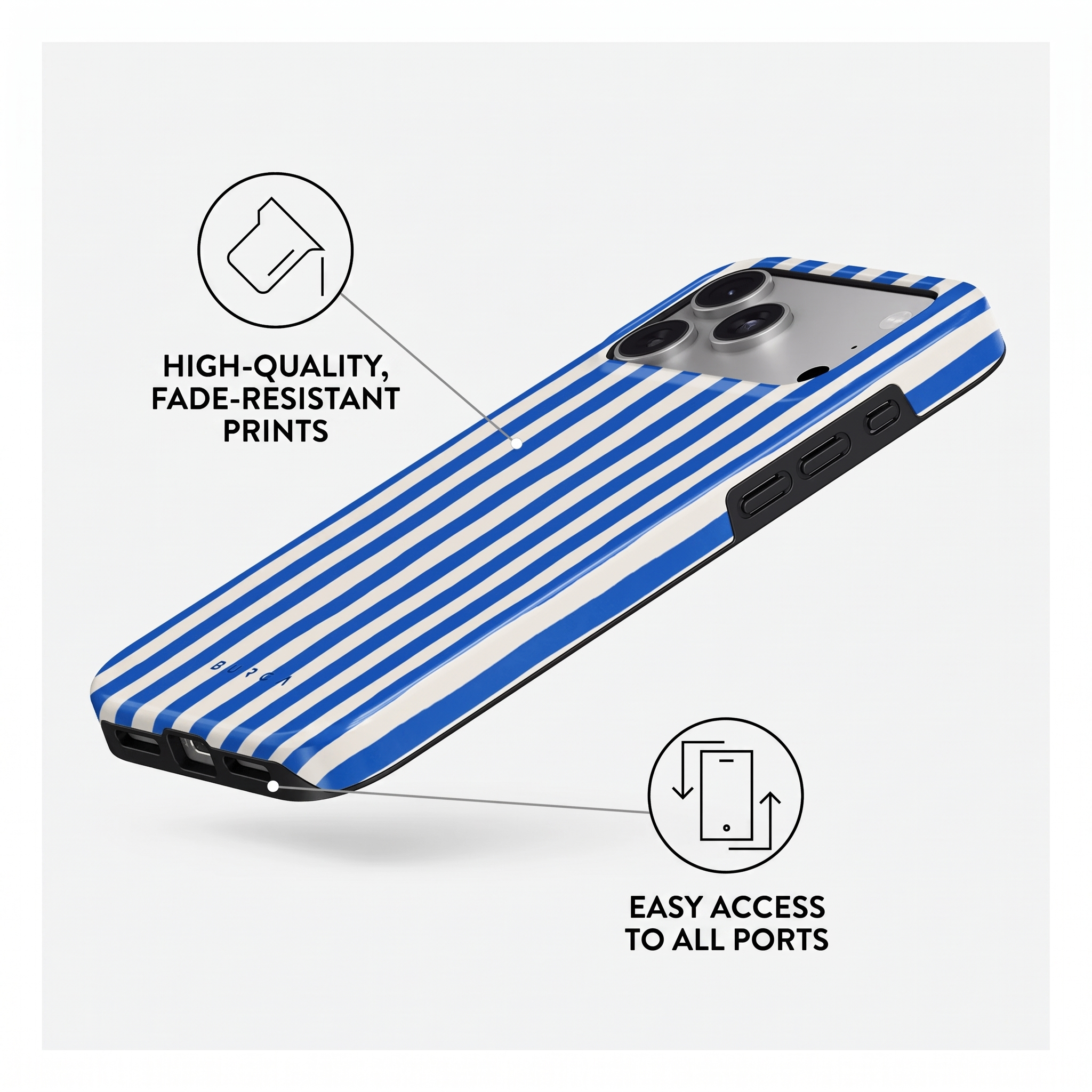 Un smartphone dans une coque à rayures bleues et blanches, montrant des impressions de qualité et des ports.