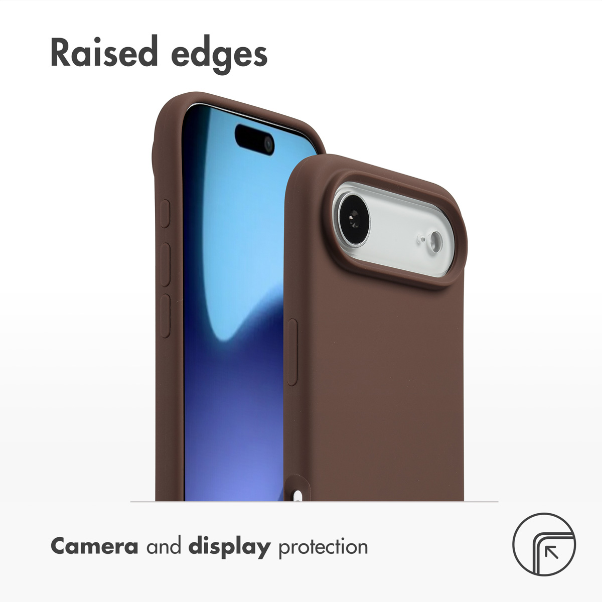 Funda de móvil marrón con bordes elevados para protección de cámara y pantalla sobre fondo blanco.