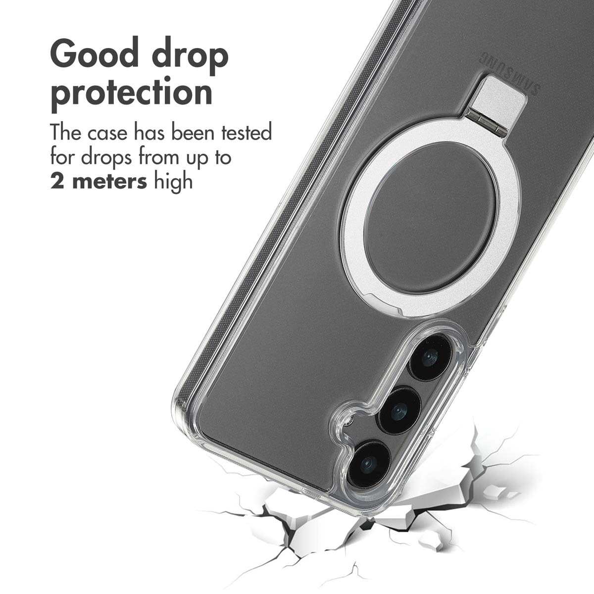 Custodia trasparente per smartphone con anello di supporto e protezione cadute.
