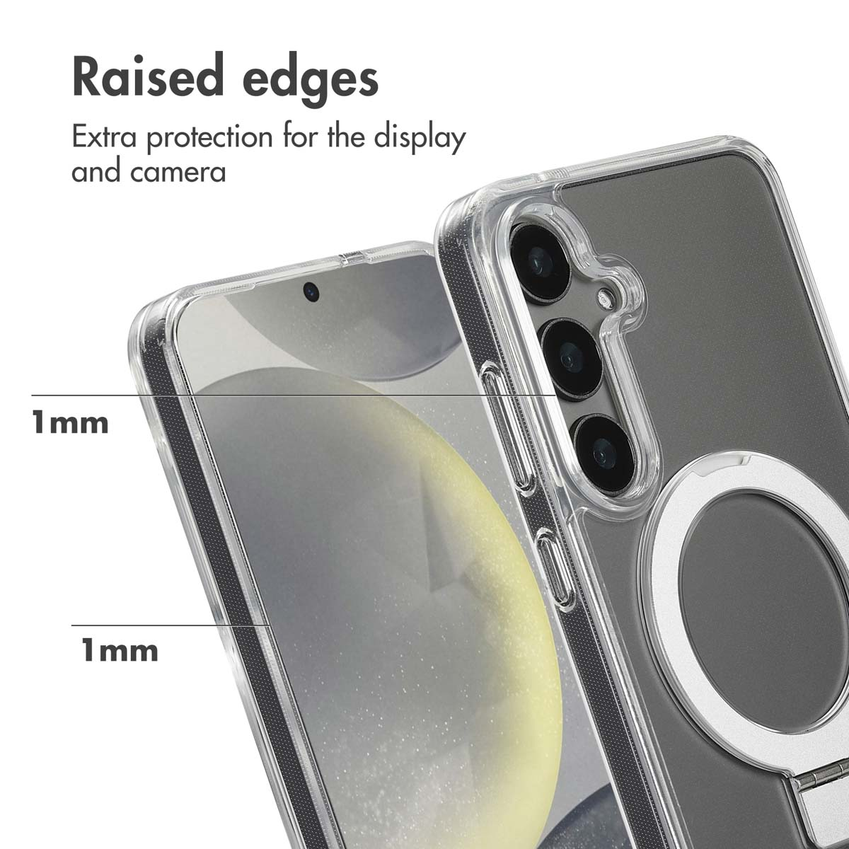 Custodia trasparente con bordi rialzati di 1 mm per proteggere schermo e fotocamera.
