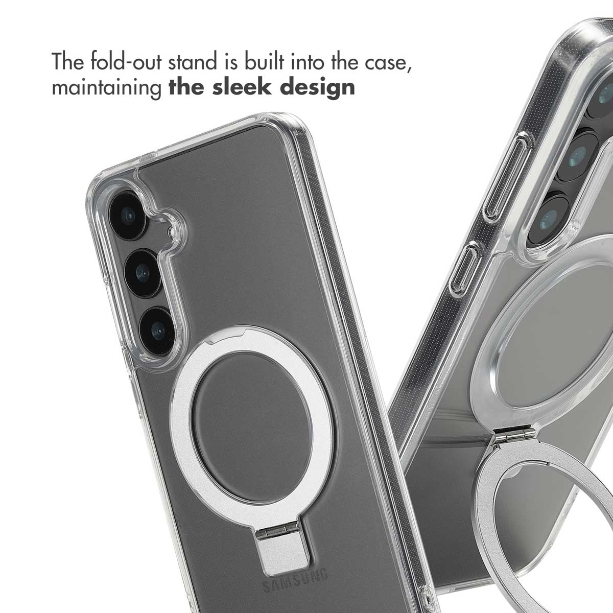 Custodia trasparente per smartphone con supporto pieghevole integrato e ritagli per fotocamera su sfondo grigio.