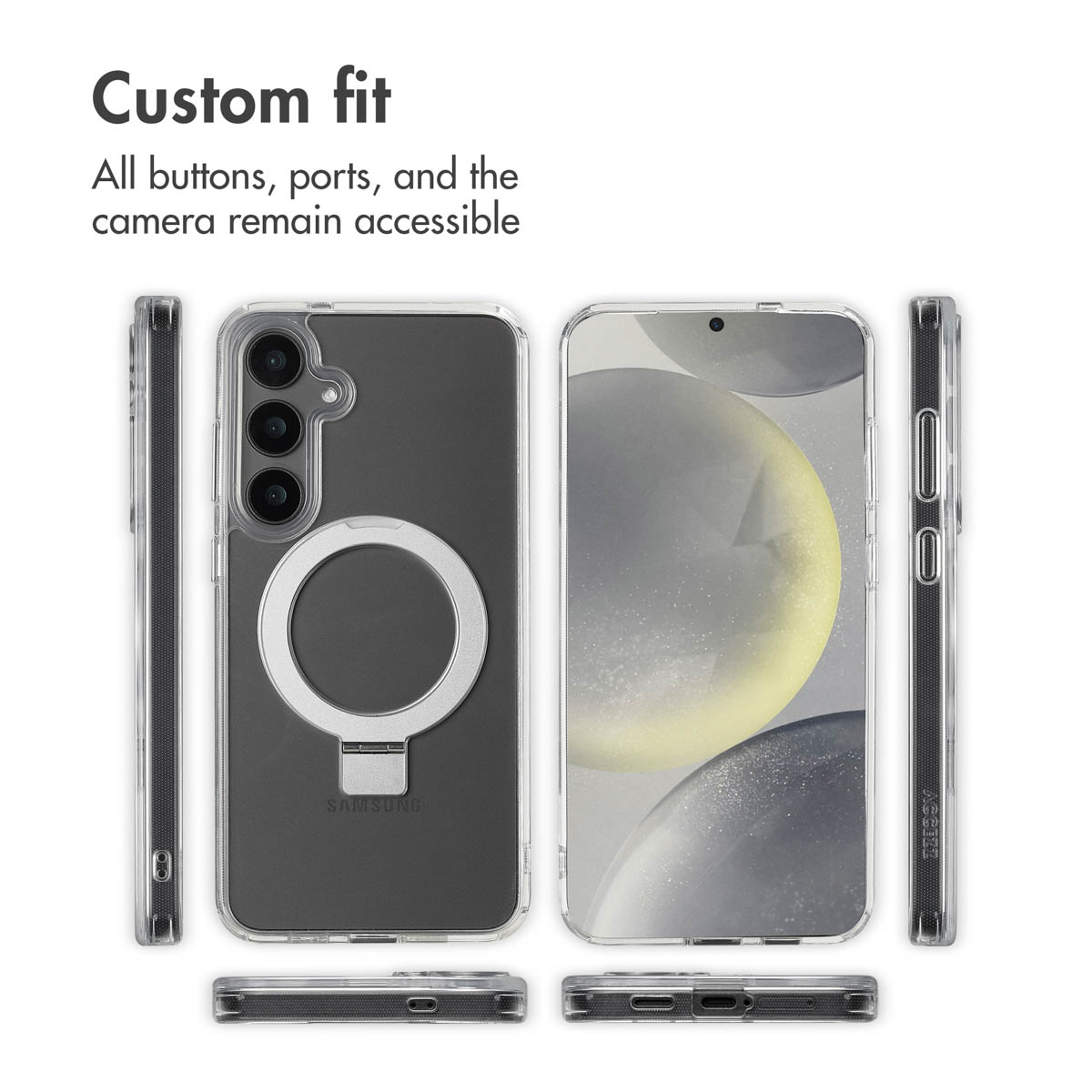 Inquadrature multiple di una cover trasparente per Samsung con supporto ad anello integrato e attacco magnetico.