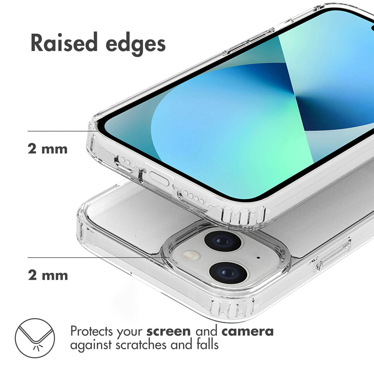 Custodia trasparente per telefono con bordi rialzati di 2 mm che proteggono schermo e fotocamera.