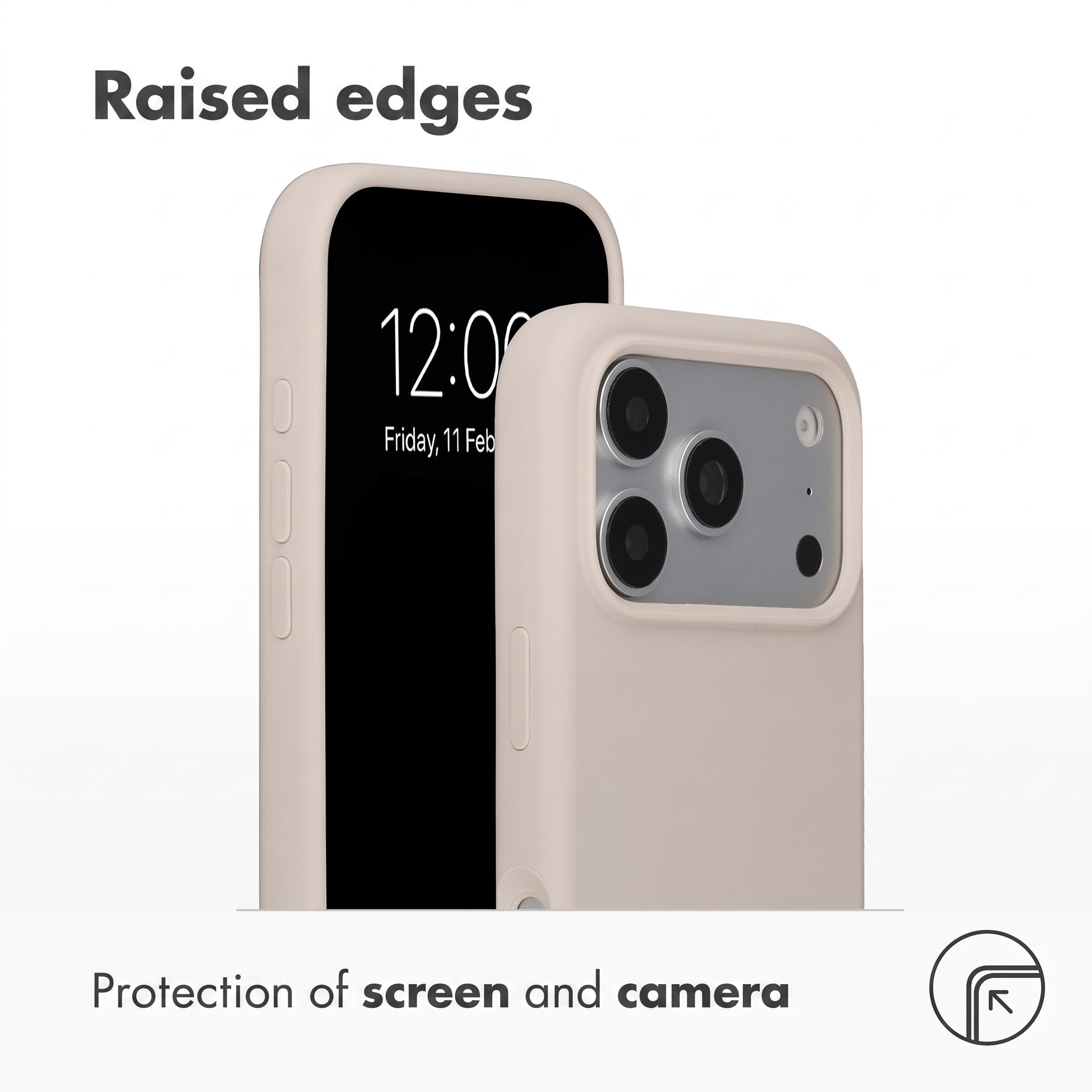 Coque de téléphone beige avec bords surélevés pour protéger l'écran et l'appareil photo sur fond blanc.