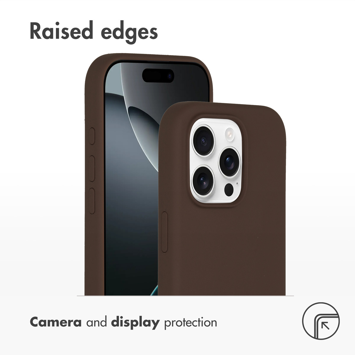 Custodia per telefono marrone con bordi rialzati per fotocamera e display.