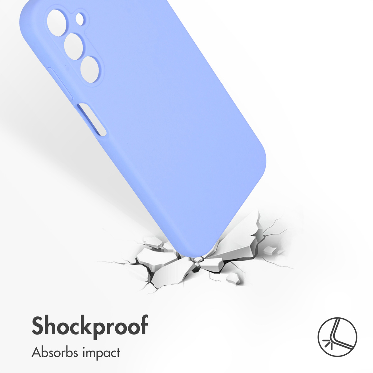 Une coque de téléphone bleu clair frappe une surface blanche fissurée, illustrant l'absorption des chocs.