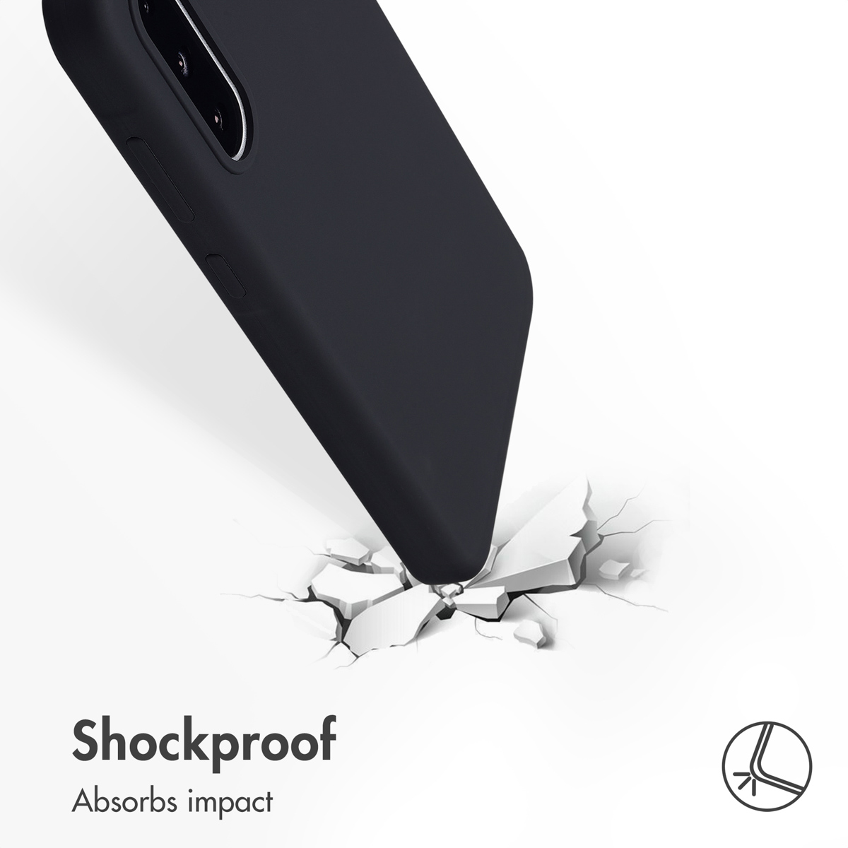 Uno smartphone nero colpisce una superficie bianca che si frantuma. Testo: Shockproof. Absorbs impact.