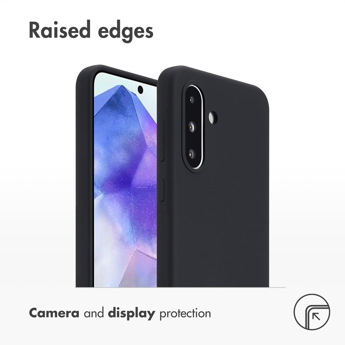 Custodia per smartphone nera con bordi rialzati per protezione fotocamera e display.