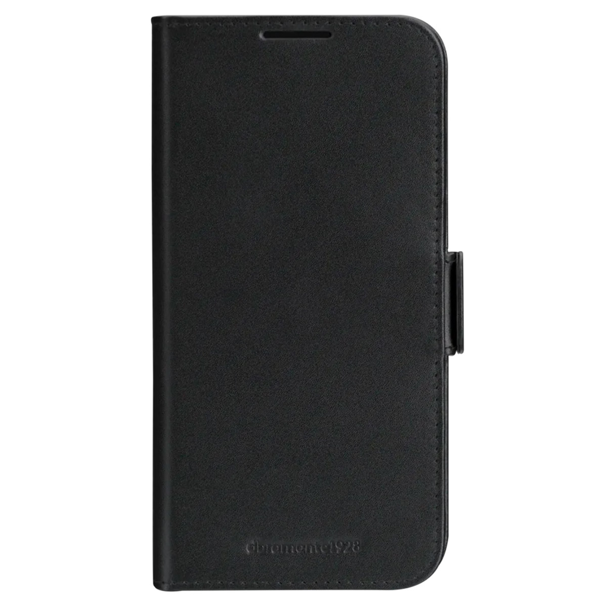 Una funda de móvil de cuero negro cerrada con un pequeño cierre magnético.