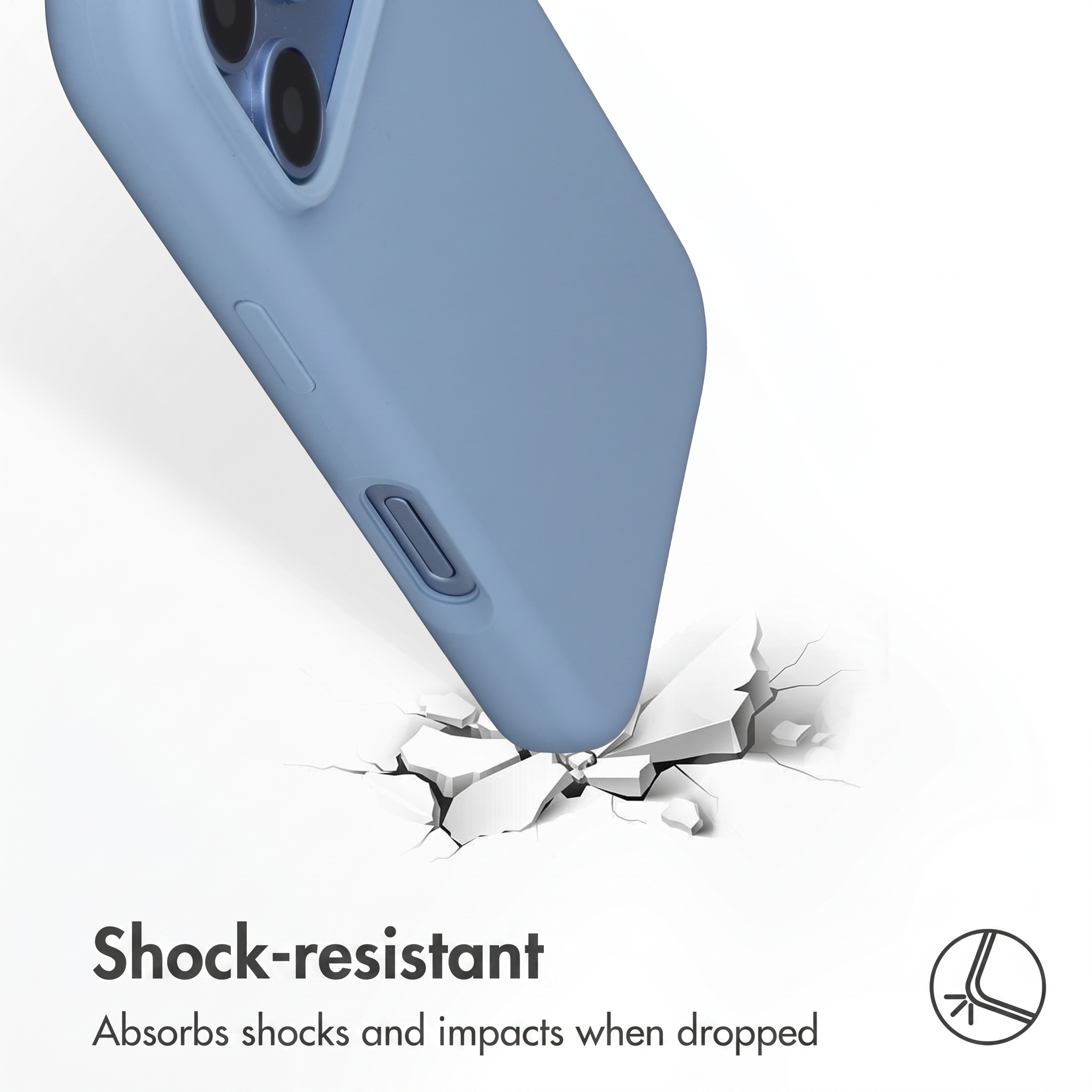 Coque bleue heurtant une surface fissurée, texte indique résistance aux chocs.