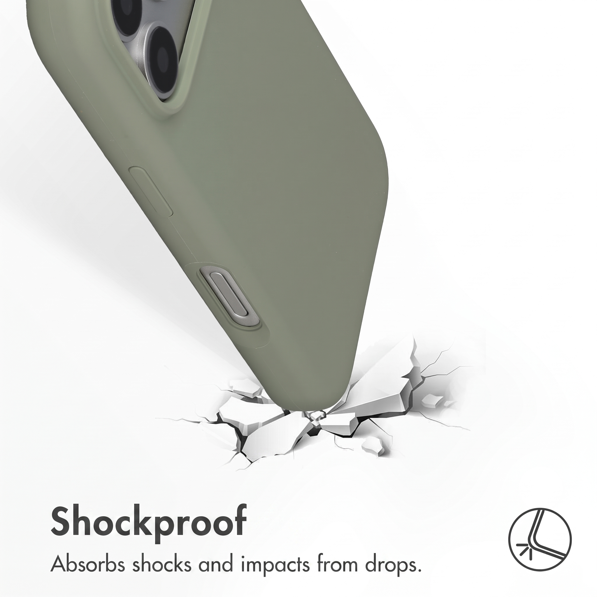Een olijfgroene telefoon in een hoesje raakt een wit, gebarsten oppervlak, met tekst onderaan.