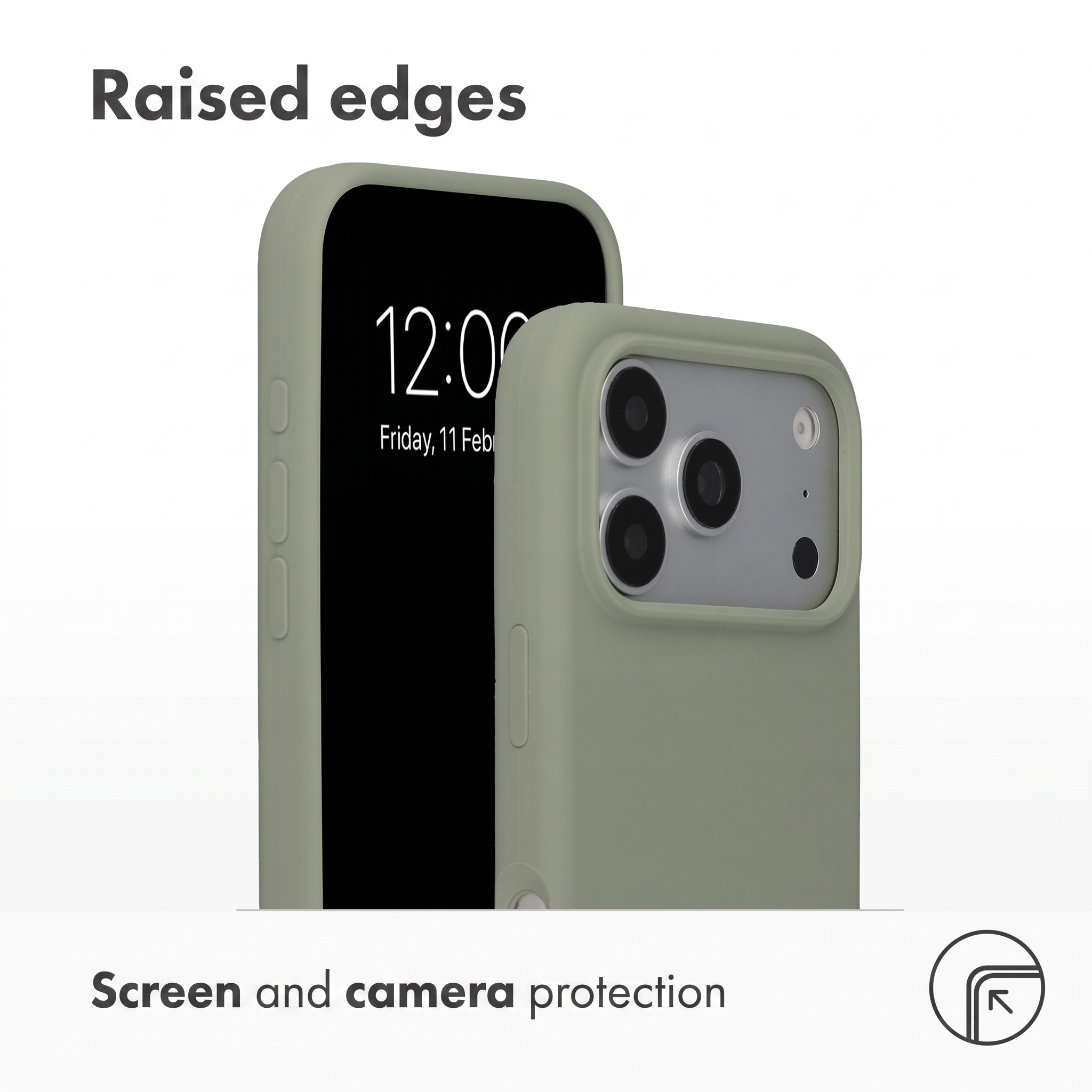 Groene telefoonhoesje met opstaande randen voor scherm- en camerabescherming.
