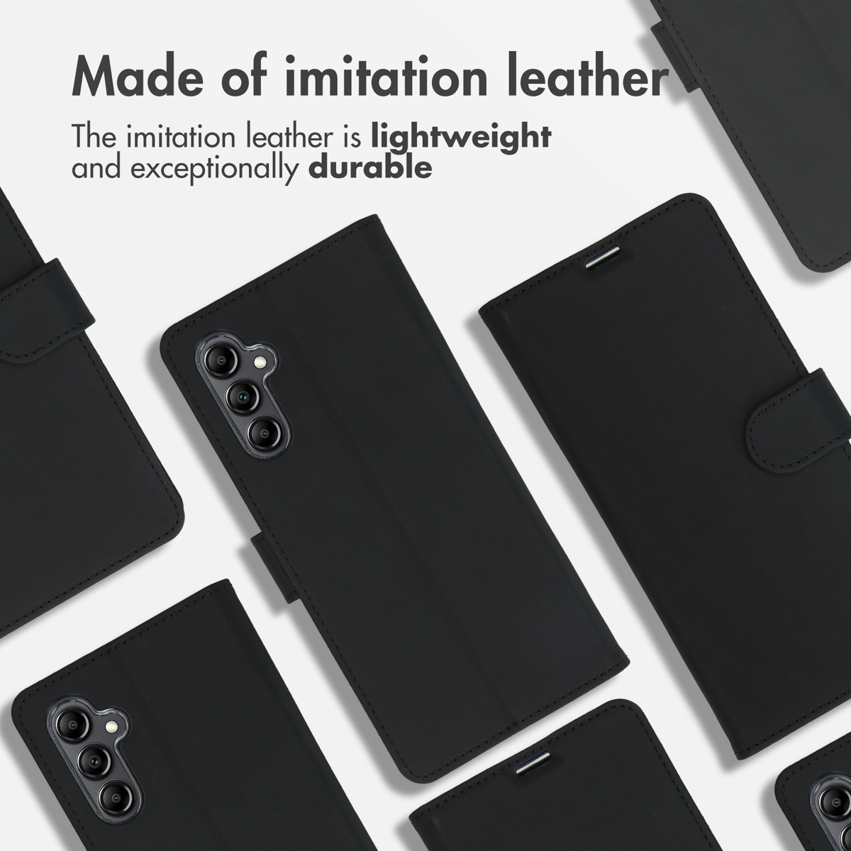 Mehrere schwarze Kunstleder-Smartphone-Hüllen auf hellem Hintergrund mit Text.
