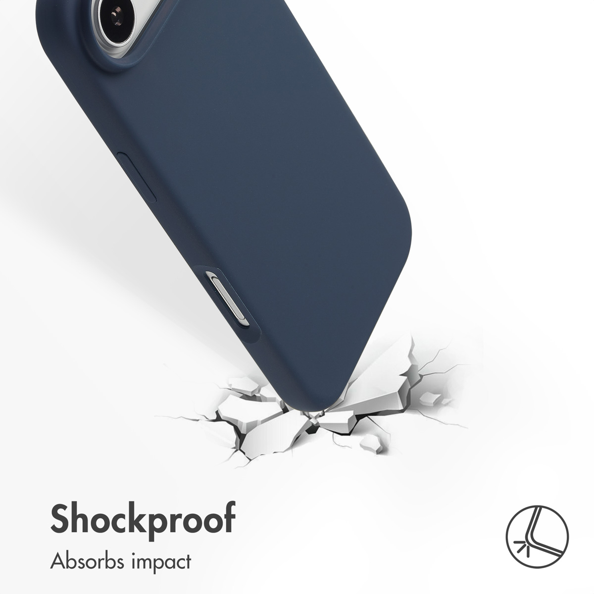 Funda de móvil azul impacta contra una superficie blanca, mostrando absorción de impactos.