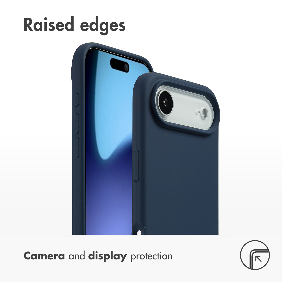 Fundas de móvil azul oscuro con bordes elevados para proteger la cámara y la pantalla.