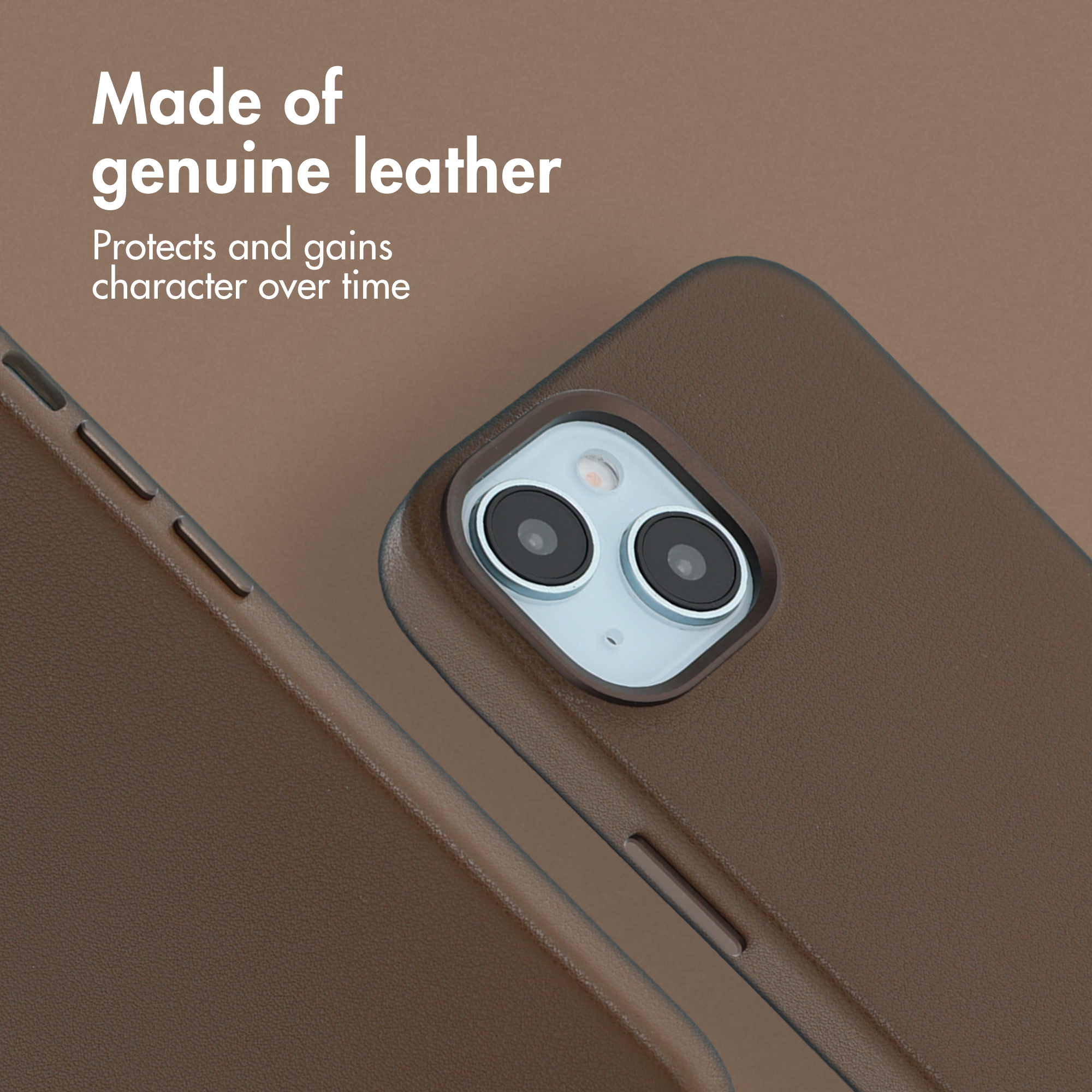 Una custodia per telefono in pelle marrone con doppia fotocamera.