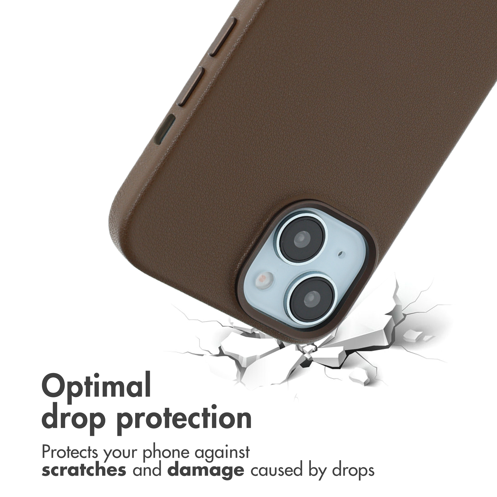 Custodia per telefono marrone con foro per fotocamera e sfondo incrinato, testo di protezione.
