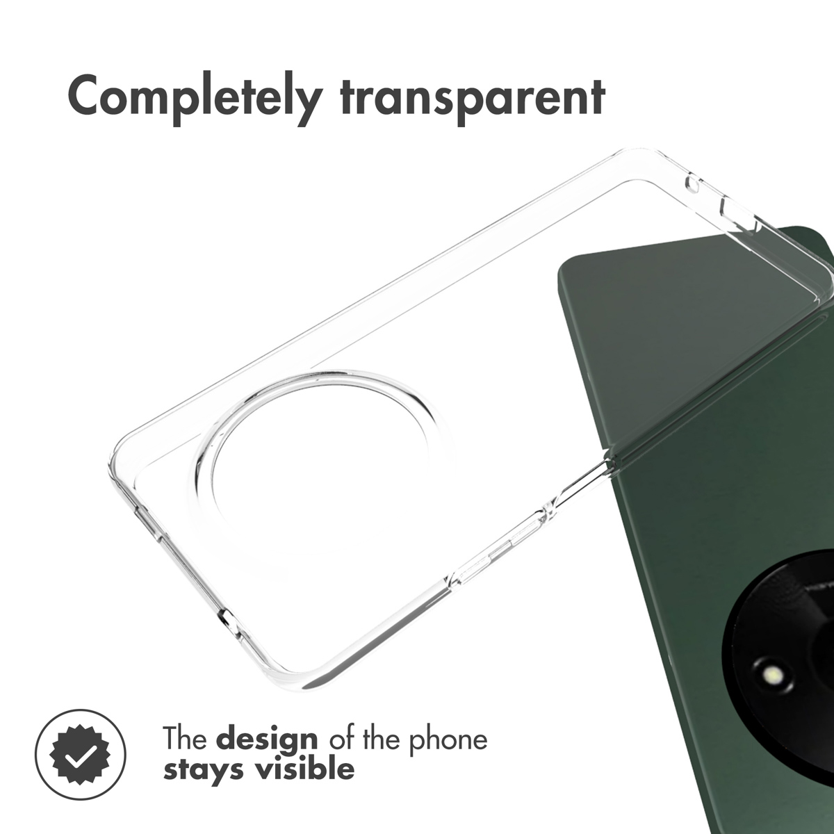 Una funda transparente descansa junto a un smartphone verde, manteniendo su diseño visible.