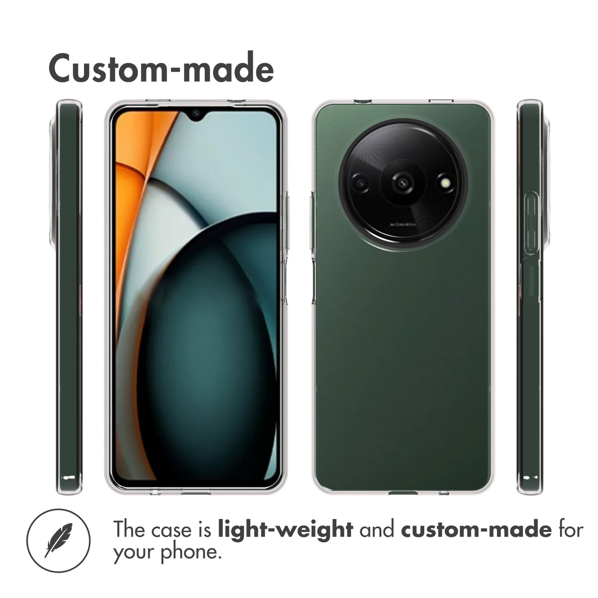 Vistas de un smartphone verde con funda transparente y un gran módulo de cámara circular.