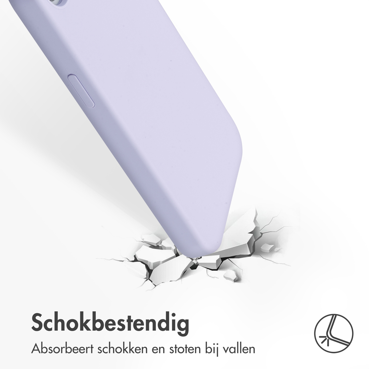 Coque de téléphone violette frappant une surface blanche fissurée avec du texte.