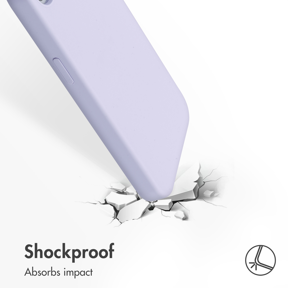 Un téléphone violet dans une coque de protection se fissure sur une surface blanche.