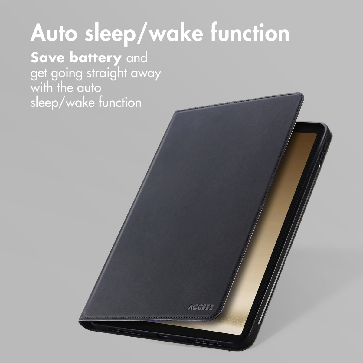 A black tablet case is partially open, revealing a golden screen against a grey background with text.