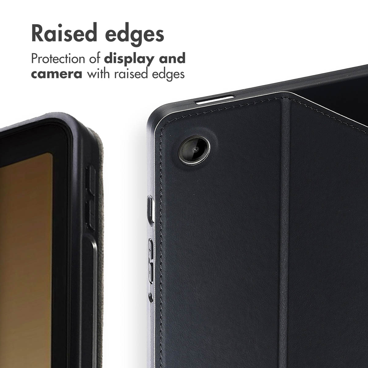 Close-up of a black tablet case showing raised edges for camera and display protection.