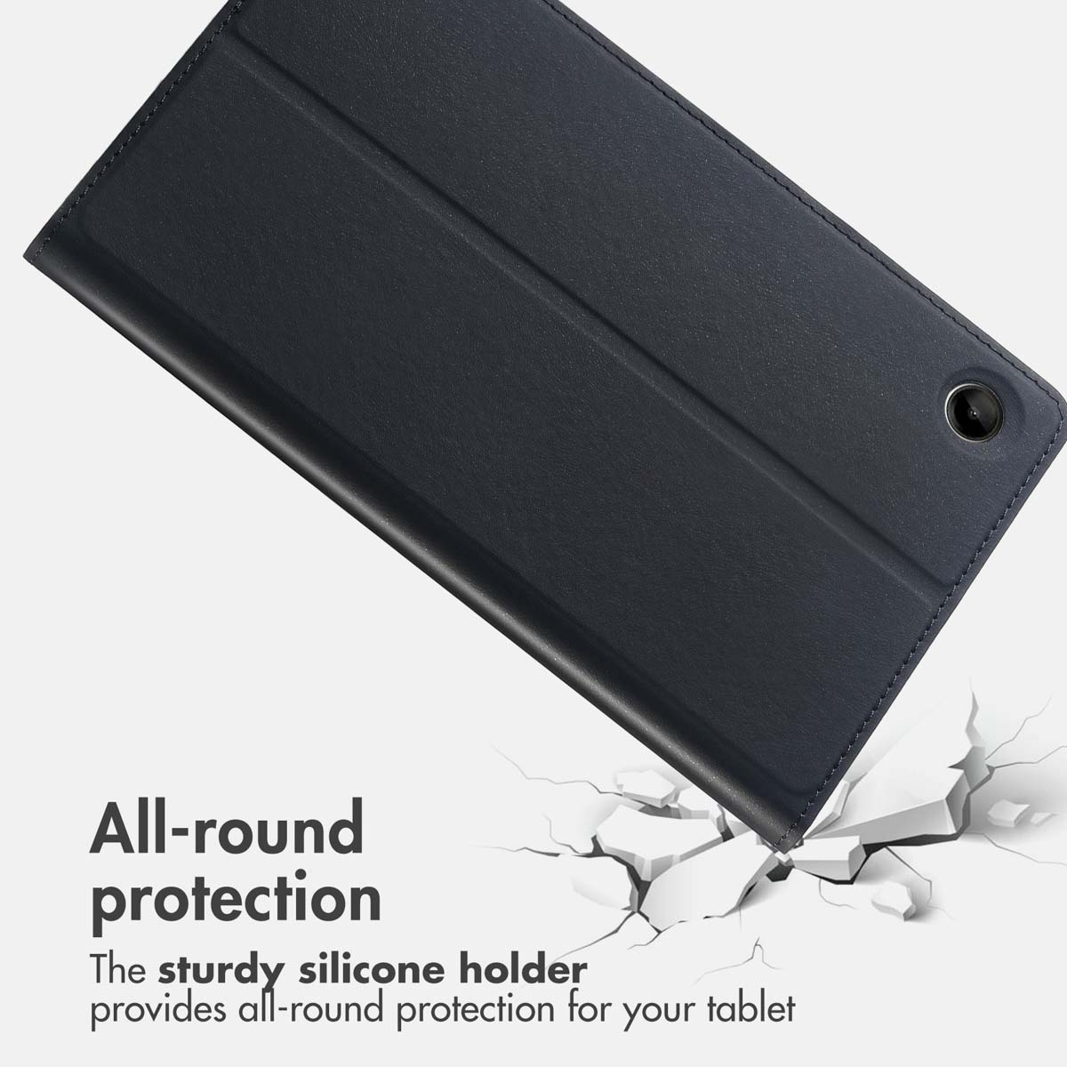 A black tablet case positioned above a cracked white surface with text stating all-round protection.