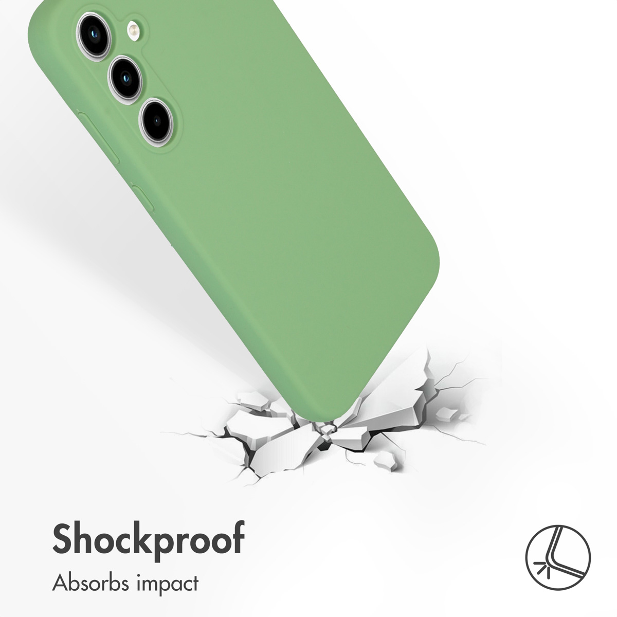 Smartphone verde golpeando una superficie blanca destrozada, mostrado con el texto A prueba de golpes.
