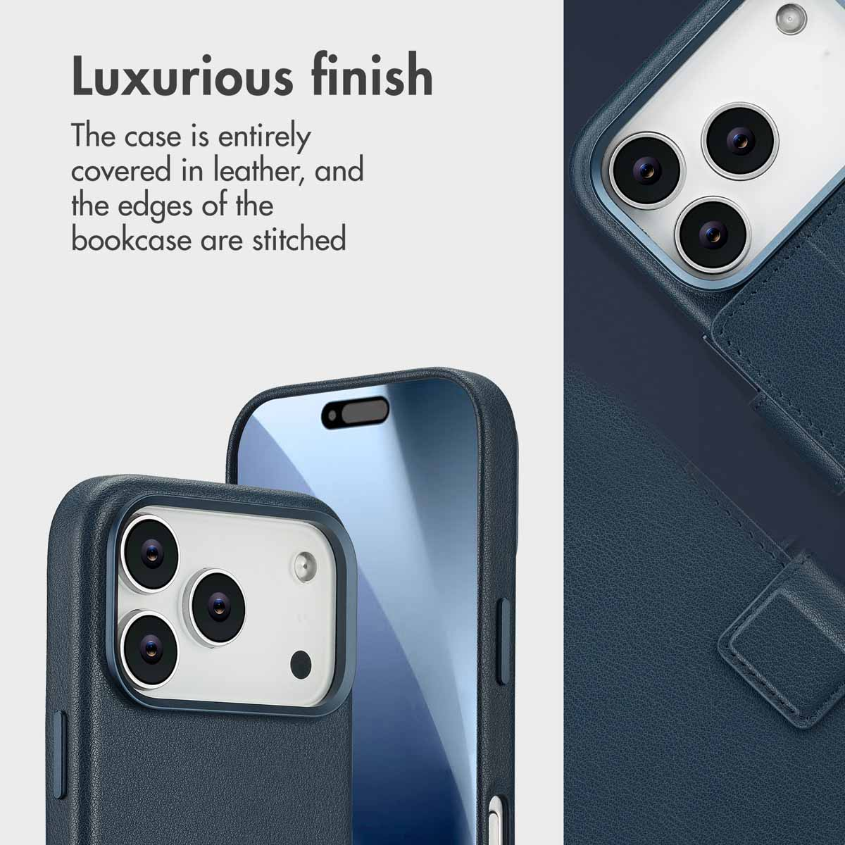 Una custodia per telefono in pelle blu con bordi cuciti, finitura lussuosa e moduli fotocamera sul retro.
