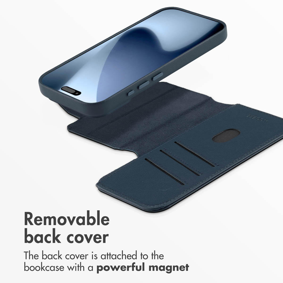 Custodia per telefono in pelle blu scuro con cover magnetica rimovibile su sfondo bianco.